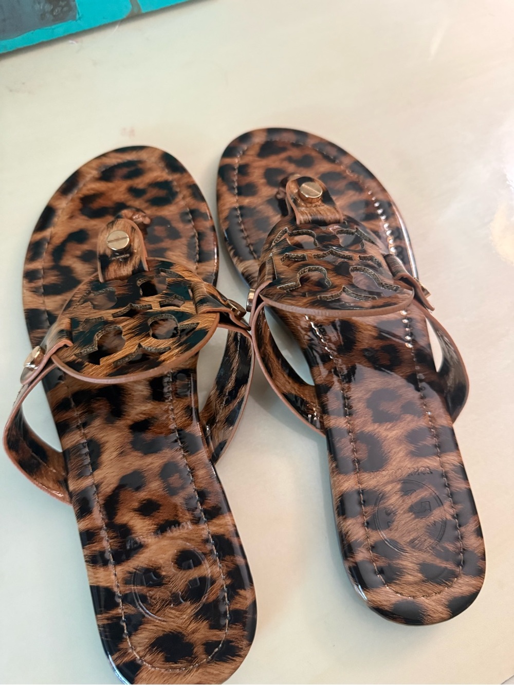 Tory Burch Leopard Print Slide Sandals in Brown and Black - Picture 4 of 4